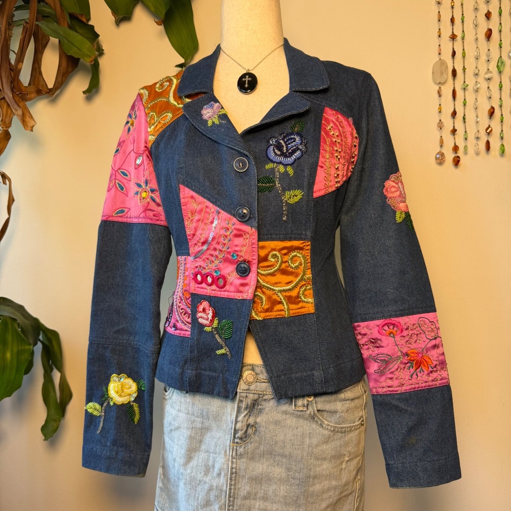 Together Y2K Patchwork Embroidered Sequin Pink Denim Jacket Fairycore Whimsigoth